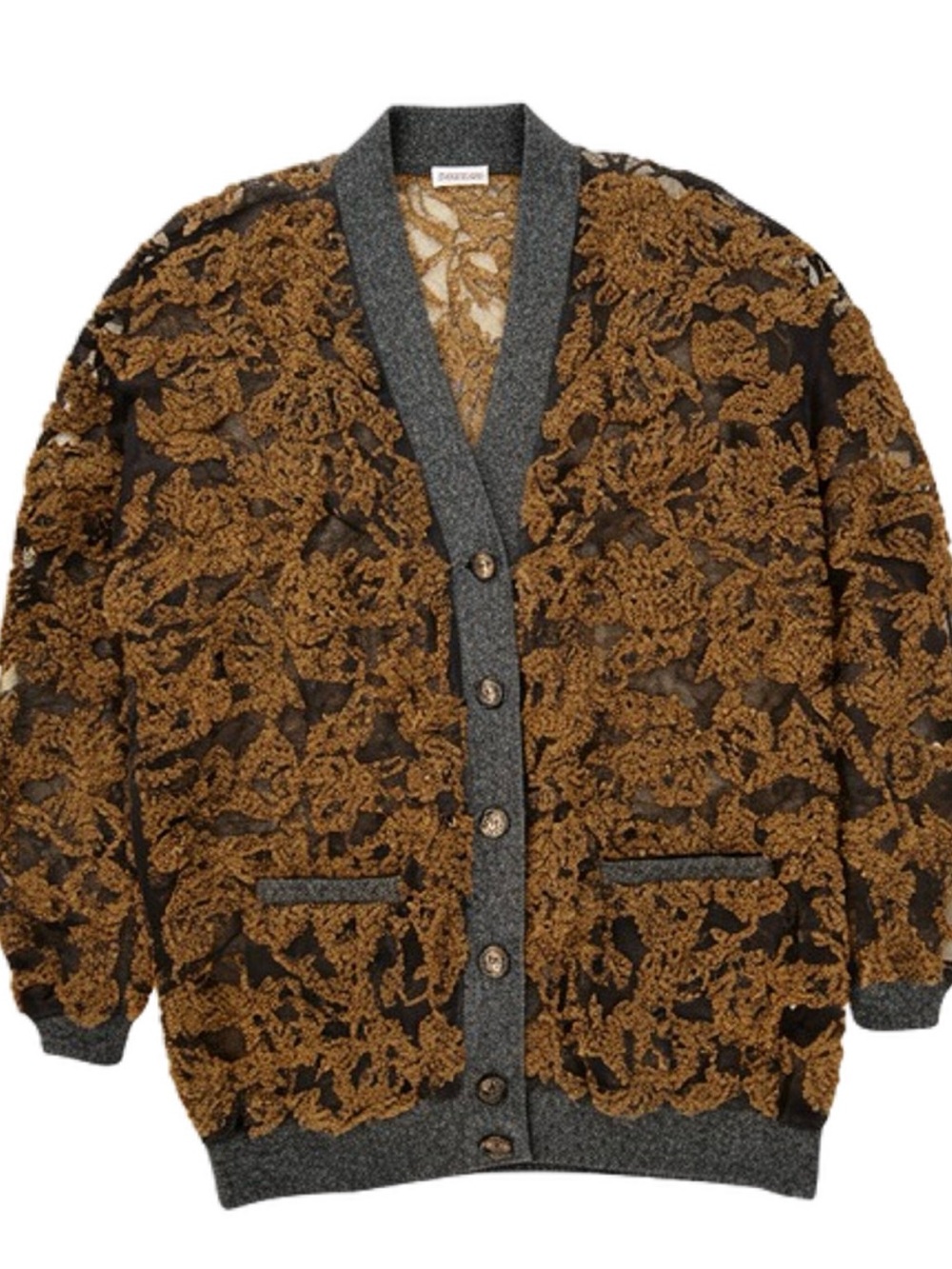 Brunello Cucinelli Brown Lace-Overlay Cardigan Jacket with Gray Trim